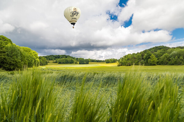 BergBier-Ballon über grünen Wiesen